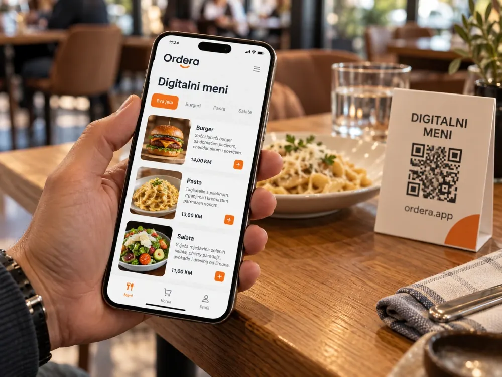 Gost u restoranu pregleda Ordera digitalni meni na telefonu, pored stalka sa QR kodom